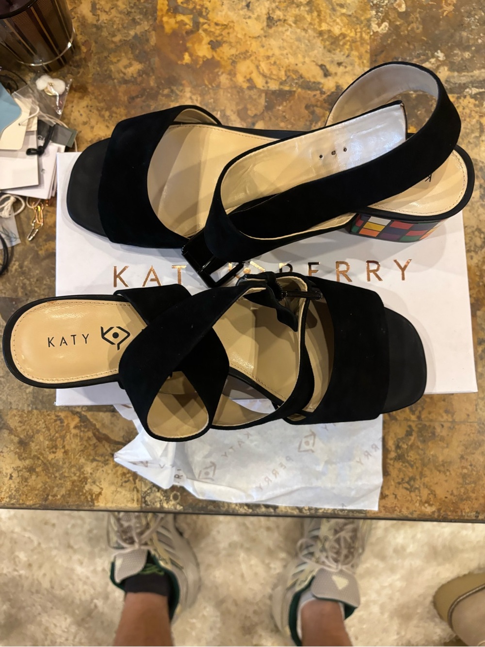 Katy Perry Collections Black Suede Open-Toe Heels with Multicolor Block Heel - Picture 2 of 3